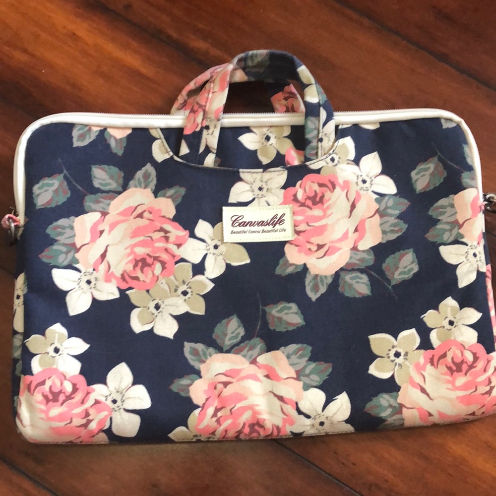 Navy blue and pink floral laptop bag